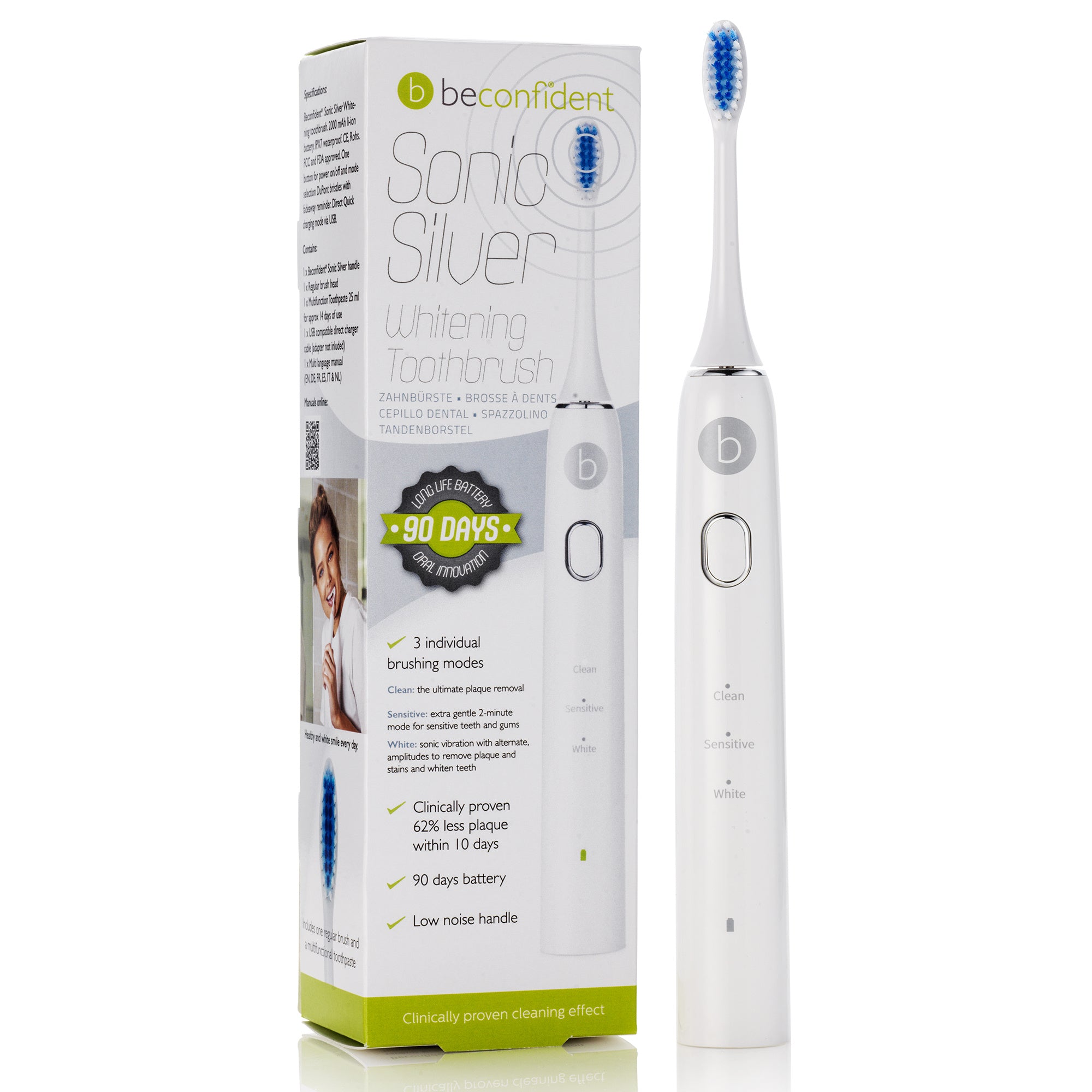 Silver Sonic Whitening Elektrische Tandenborstel – Wit/Zilver – Elektrische Tandenborstel voor Diepgaande Reiniging – Verwijdert Tandplak, Verheldert Tanden & Bevordert Gezond Tandvlees – Voor een Stralende, Frisse & Gezonde Glimlach