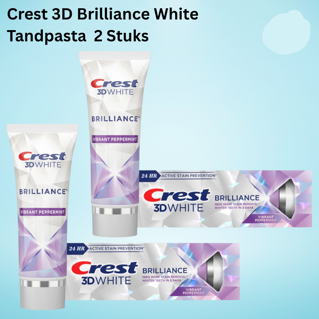 Crest 3D White Brilliance toothpaste tubes and packaging on a light blue background