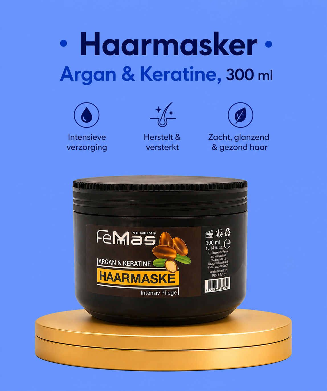 Femmas Argan & Keratine Haarmasker Intensief – 300 ml – Diep Voedend & Herstellend Haarmasker – Versterkt Haar, Herstelt Beschadigd Haar, Vermindert Pluis & Geeft Zijdezacht, Glanzend & Gezond Uitziend Haar