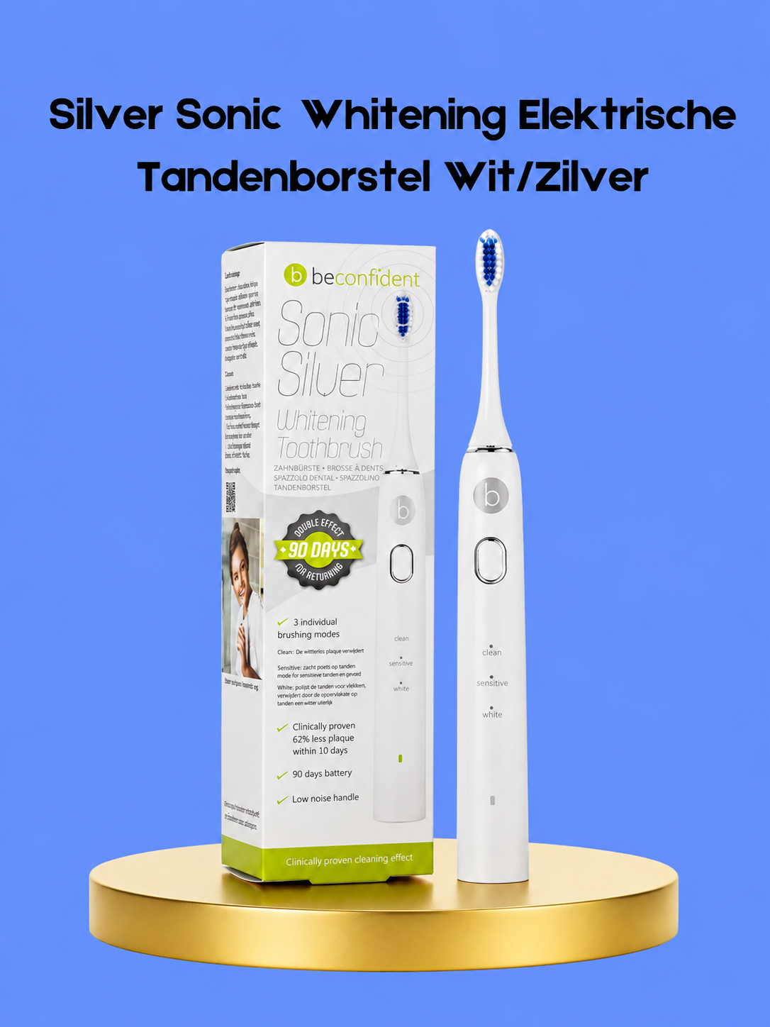 Silver Sonic Whitening Elektrische Tandenborstel – Wit/Zilver – Elektrische Tandenborstel voor Diepgaande Reiniging – Verwijdert Tandplak, Verheldert Tanden & Bevordert Gezond Tandvlees – Voor een Stralende, Frisse & Gezonde Glimlach