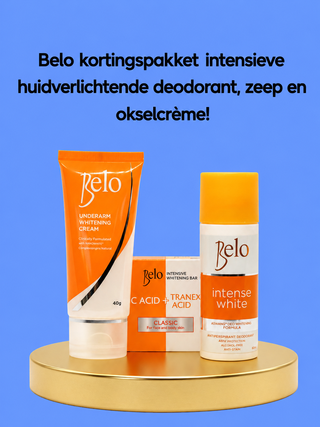 Belo kortingspakket intensieve huidverlichtende deodorant, zeep en okselcrème!