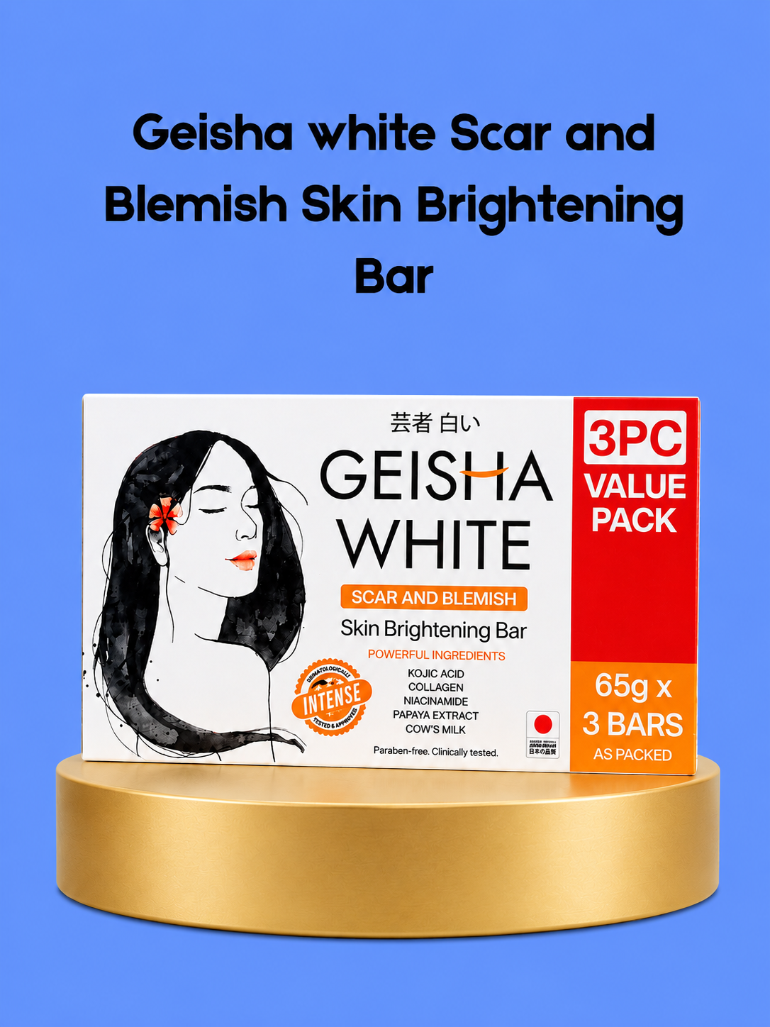 Geisha White Scar & Blemish Skin Brightening Bar Intense – Professionele Whitening Zeep – Intensief Herstel voor Donkere Vlekken & Littekens – Egaliseert Huidtint, Verheldert & Hydrateert – Stralende, Soepele & Gezonde Huid – 3x65g