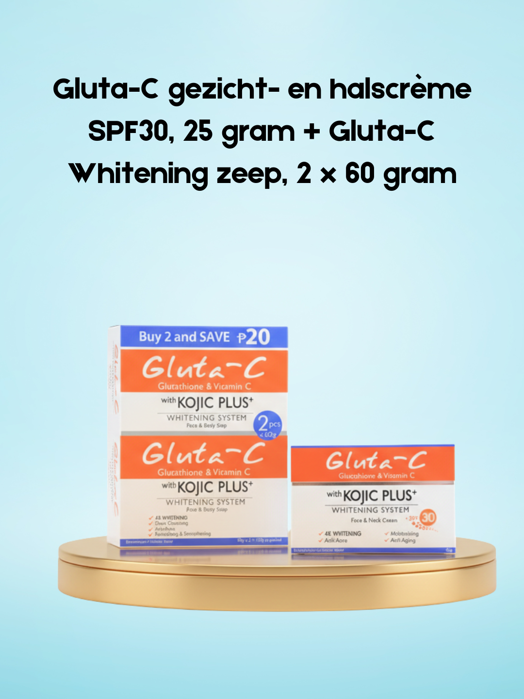 Gluta-C Face & Neck Cream SPF 30 – 25 g + Gluta-C Whitening Soap 2×60 g – Verhelderende & Hydraterende Set – Vermindert Donkere Vlekken, Egaliseert de Huidtint & Beschermt de Huid – Voor een Gladde, Stralende & Gezonde Teint