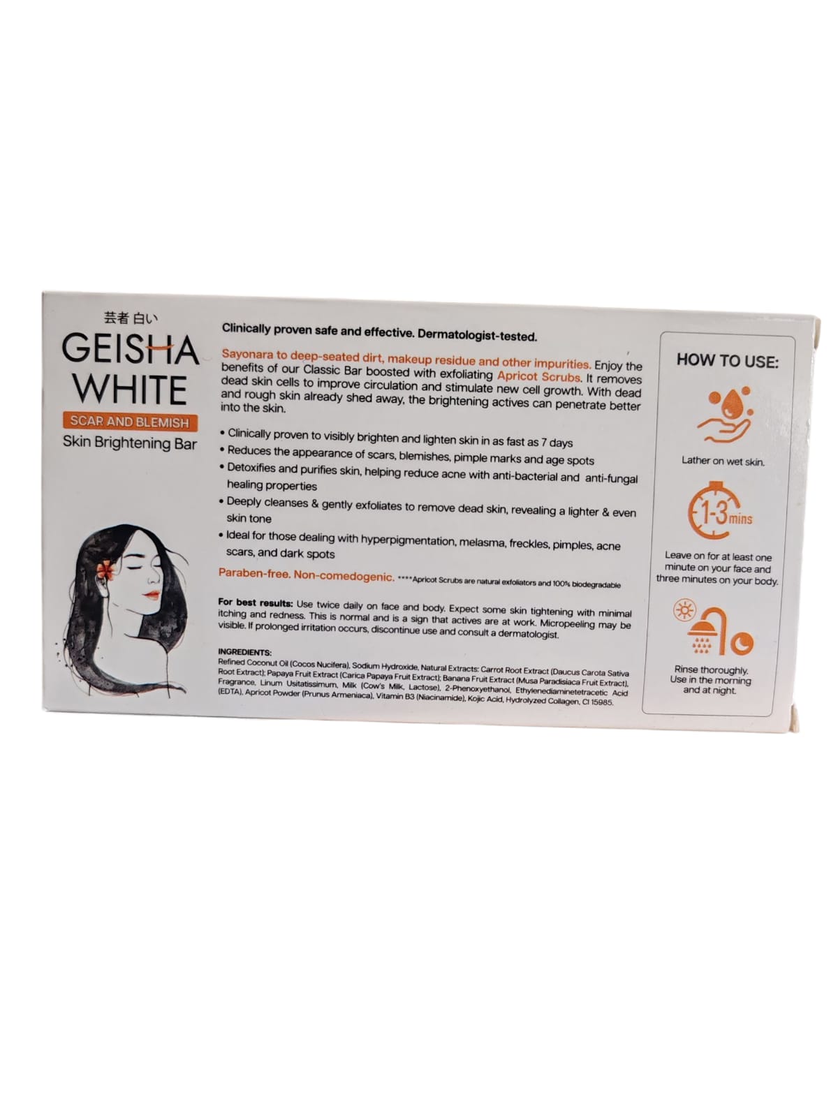 Barre éclaircissante pour la peau Geisha White, cicatrices et imperfections