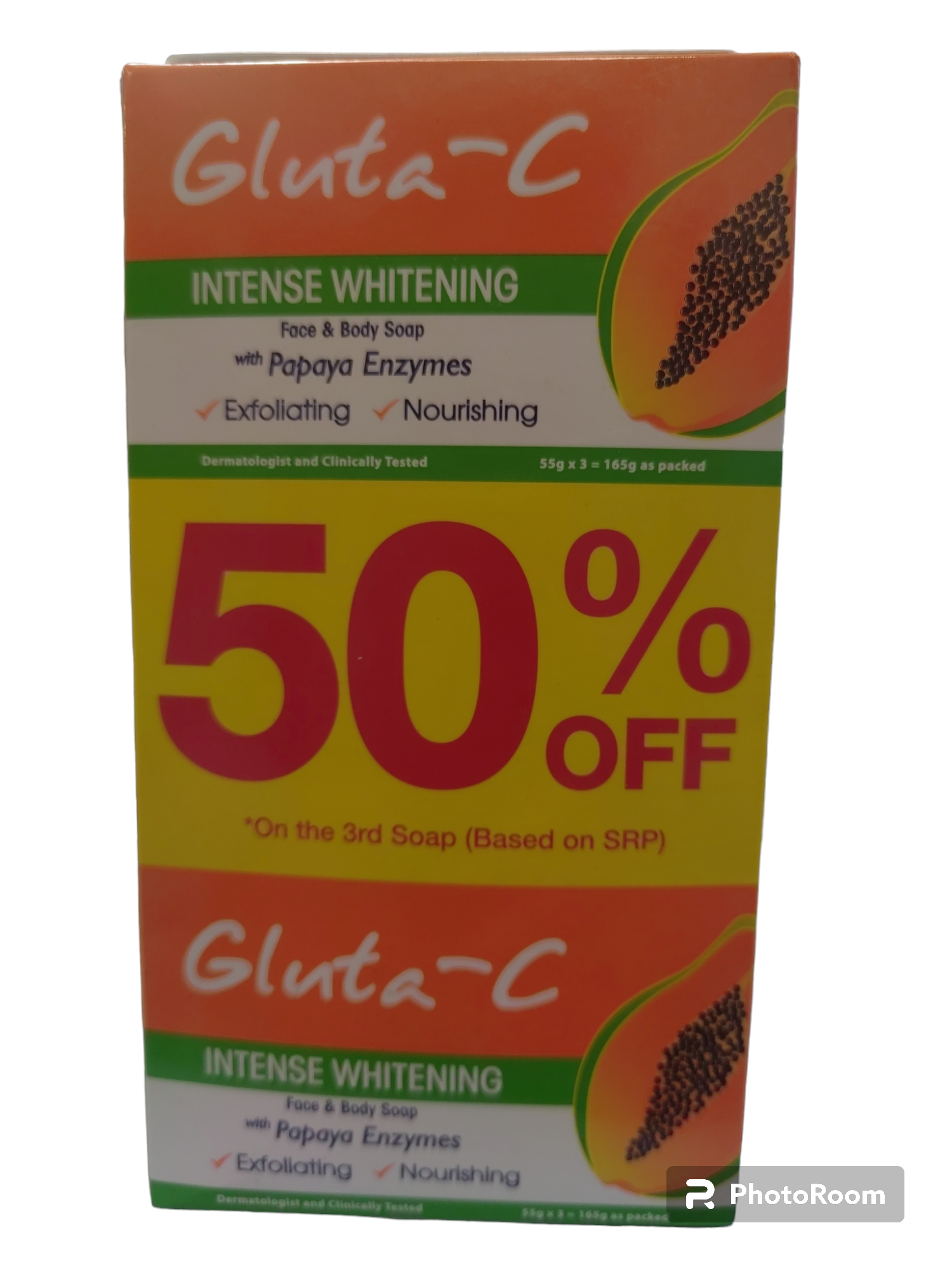 Savon blanchissant intense à la papaye Gluta-C, 3 x 55 grammes