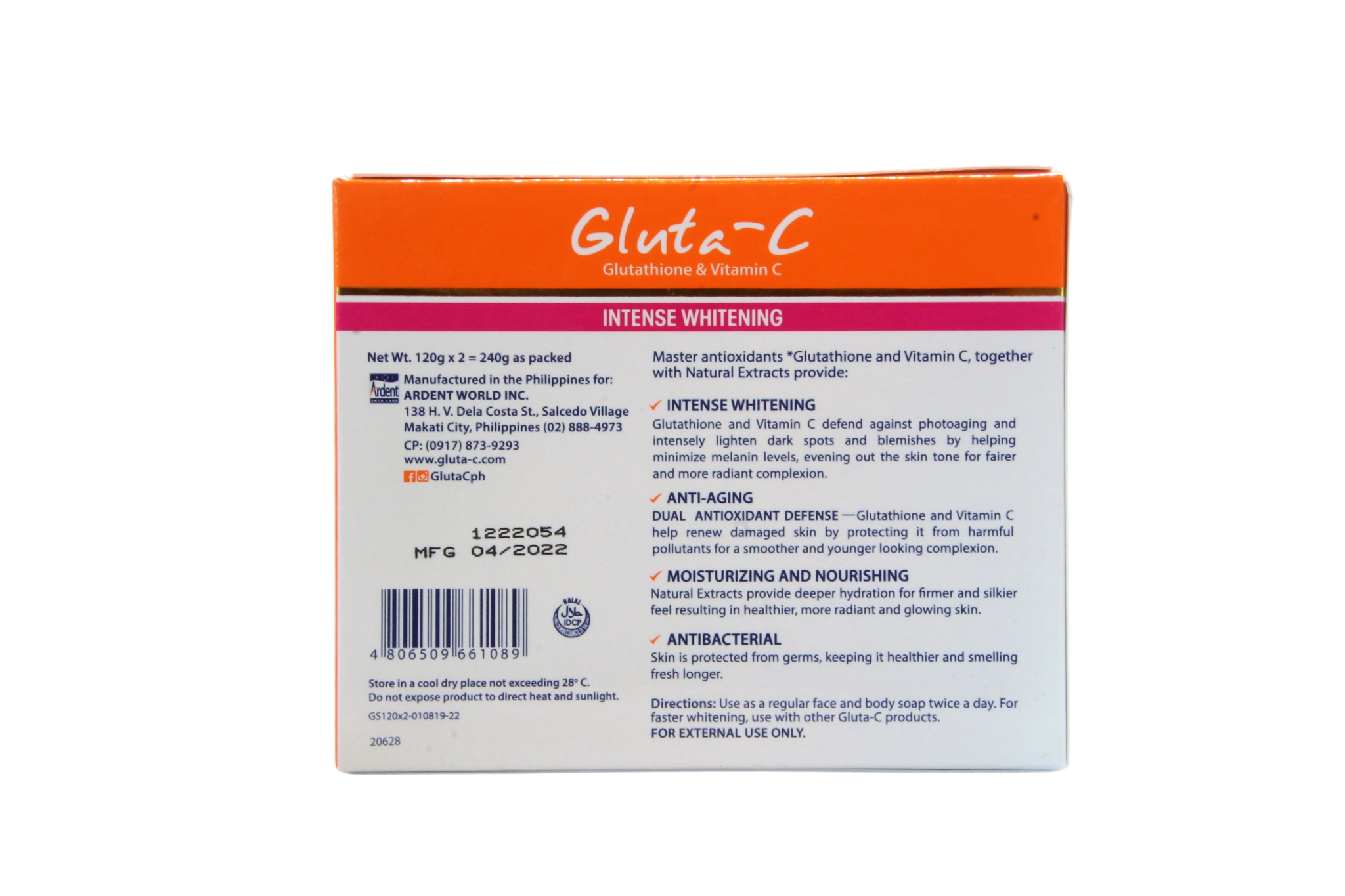 Gluta-C huid intens witmakende papajazeep, 2 x 120 gram
