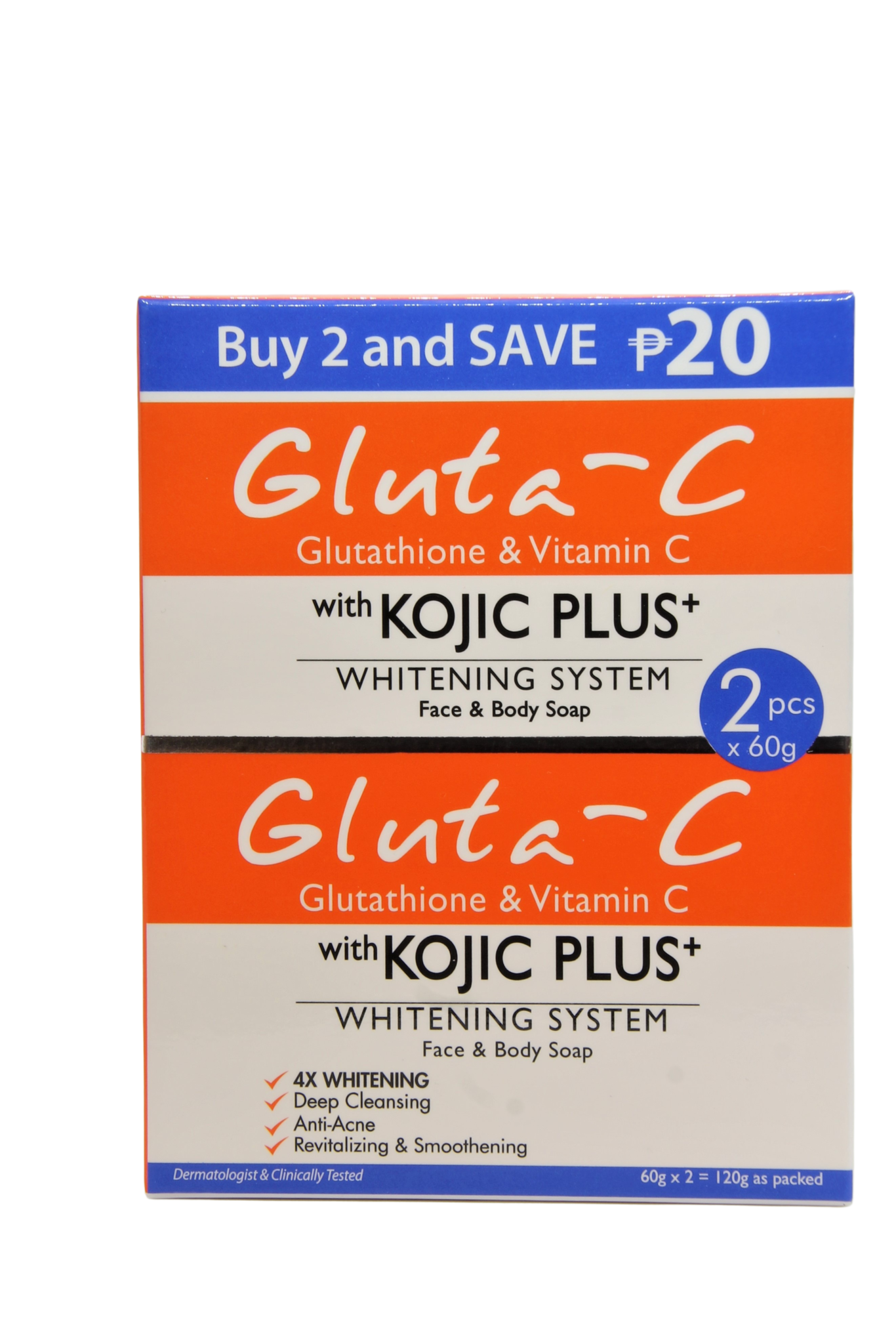 Savon visage et corps Gluta C avec Kojic Plus, glutathion et vitamine C 2 x 60 grammes