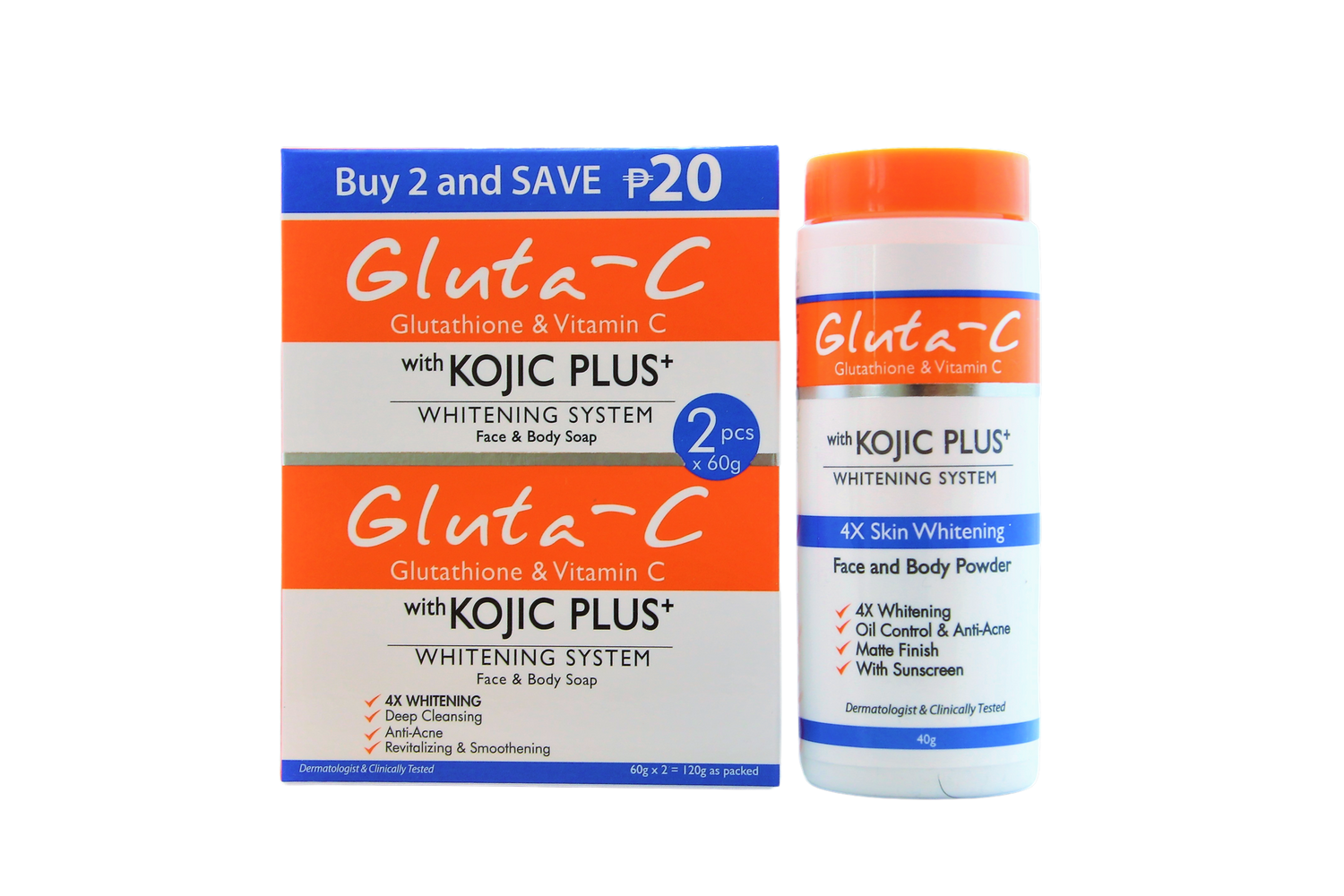 Poudre éclaircissante pour la peau Gluta-C 4x 40 g + 2 x 60 g de savon au glutathion avec Kojic plus