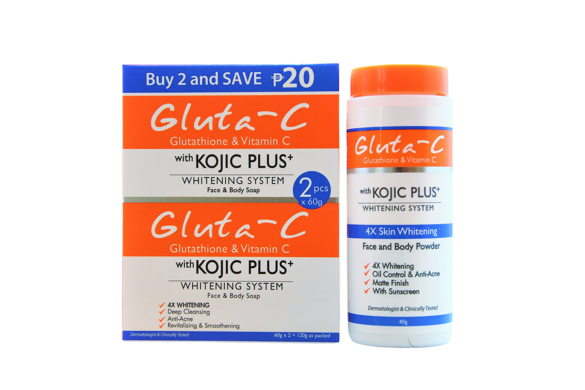 Poudre éclaircissante pour la peau Gluta-C 4x 40 g + 2 x 60 g de savon au glutathion avec Kojic plus