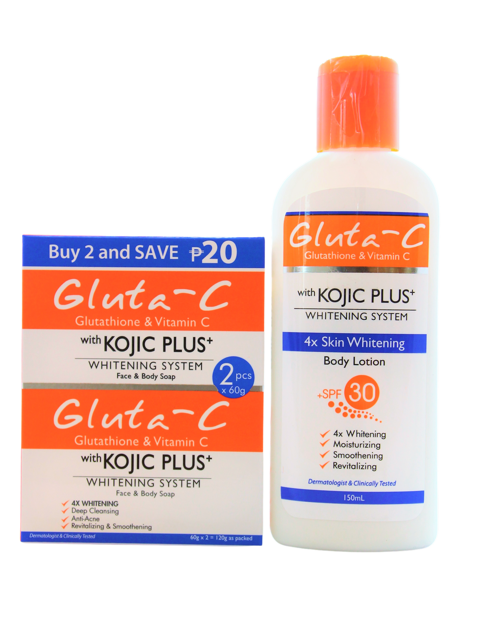 Lait corporel éclaircissant Gluta-C 4x SPF30 150 ml + savon blanchissant Gluta-C, 2 x 60 grammes