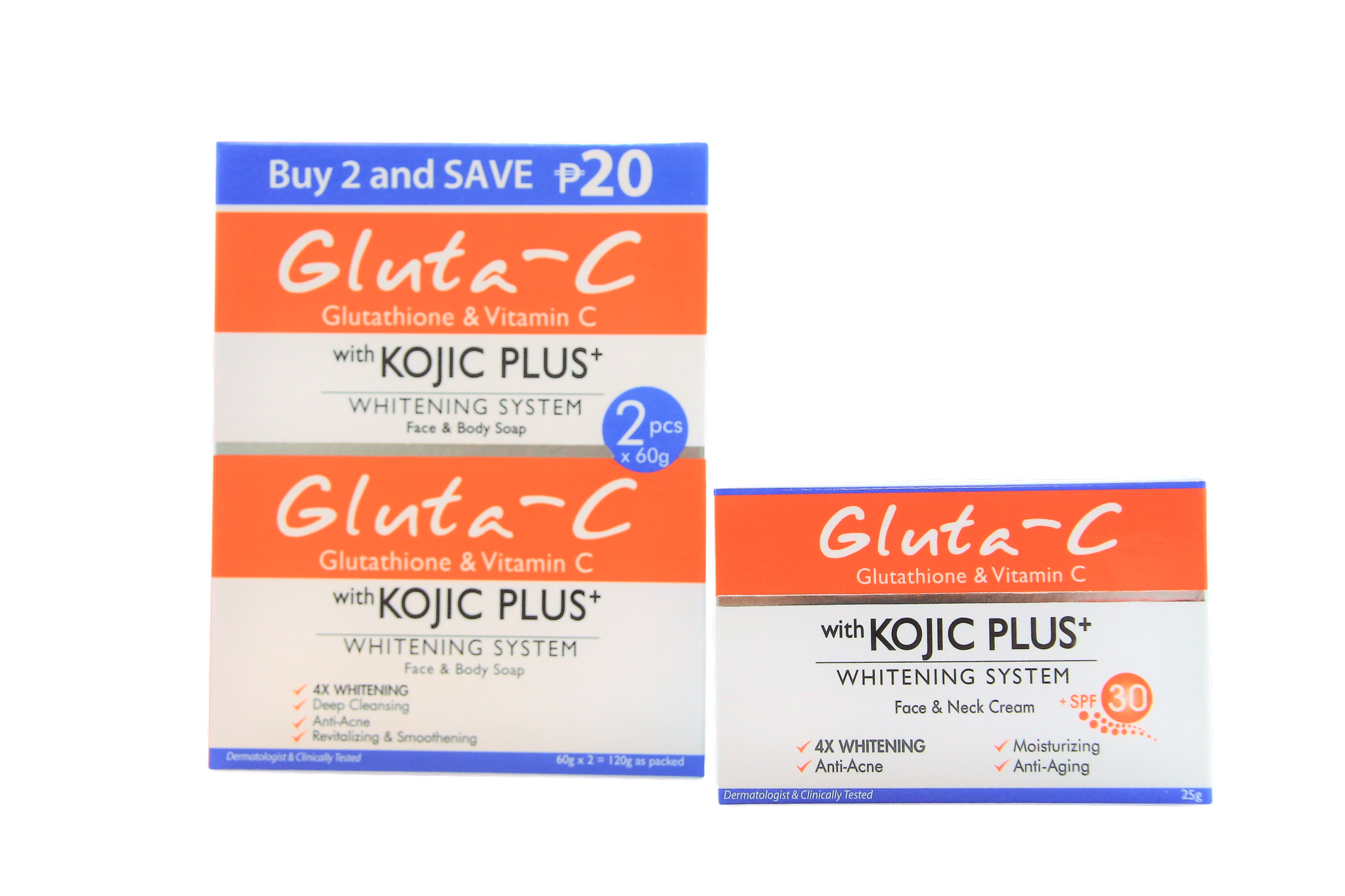 Gluta-C Face & Neck Cream SPF 30 – 25 g + Gluta-C Whitening Soap 2×60 g – Verhelderende & Hydraterende Set – Vermindert Donkere Vlekken, Egaliseert de Huidtint & Beschermt de Huid – Voor een Gladde, Stralende & Gezonde Teint