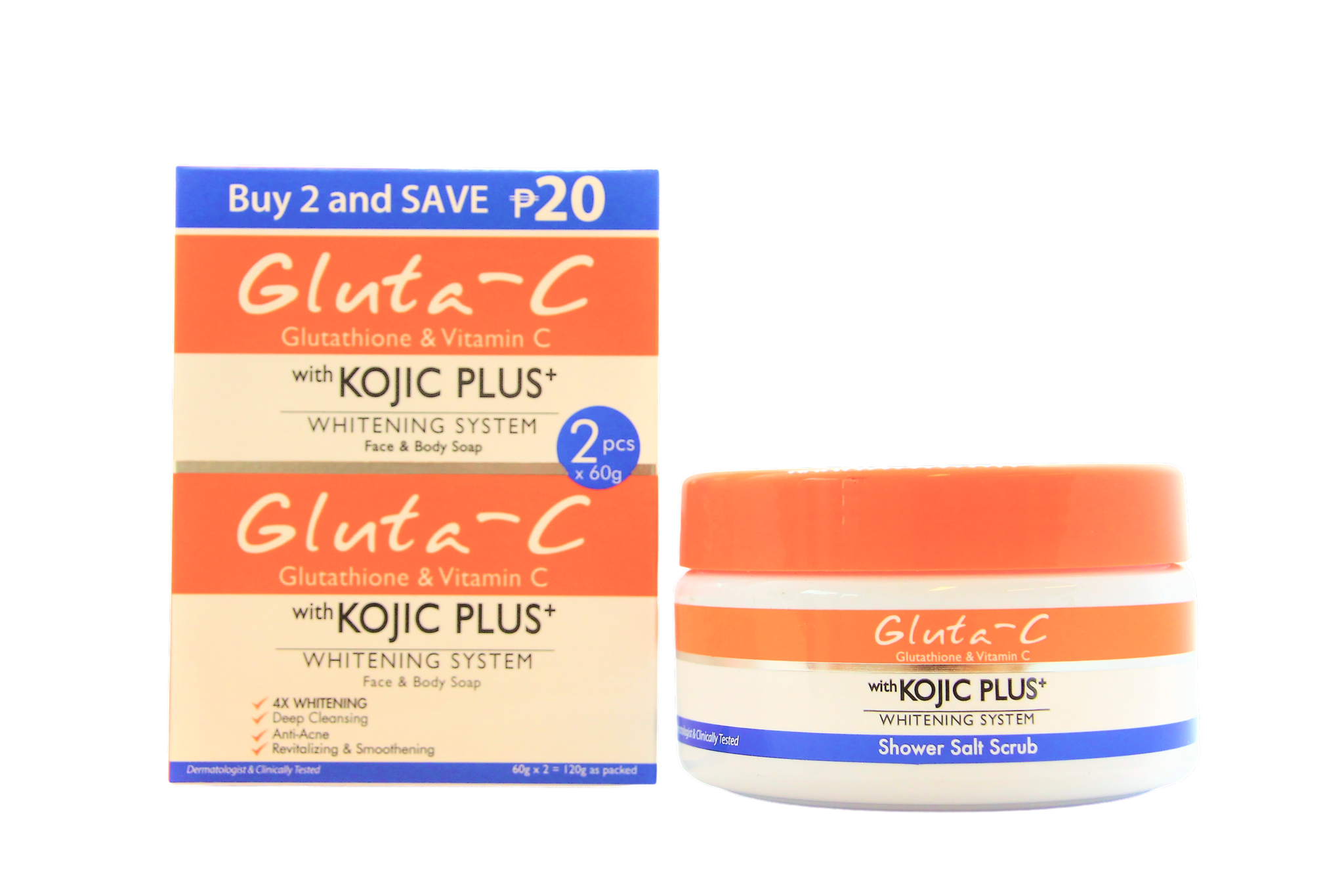 Sel de bain éclaircissant Gluta-C 4x, gommage 250 g + savon blanchissant Gluta-C peau et corps, 2 x 60 g