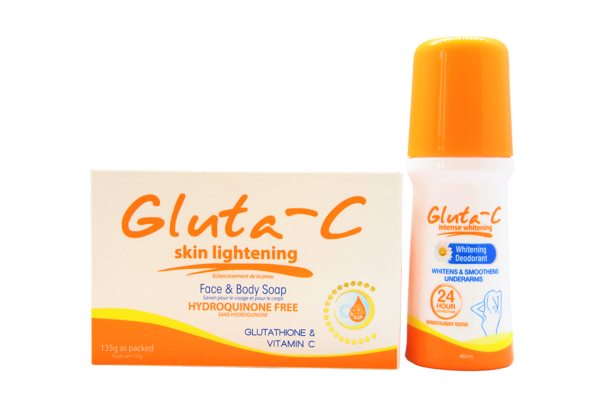 Gluta-C Skin Lightening Deodorant Roller 40 ml + Gluta-C Skin Whitening Soap – Ensemble complet et complet – Helpt Donkere Vlekken te Verminderen, Egaliseert de Huidtint & Geeft Langdurige Frisheid – Voor Zachte, Stralende & Gezonde Huid