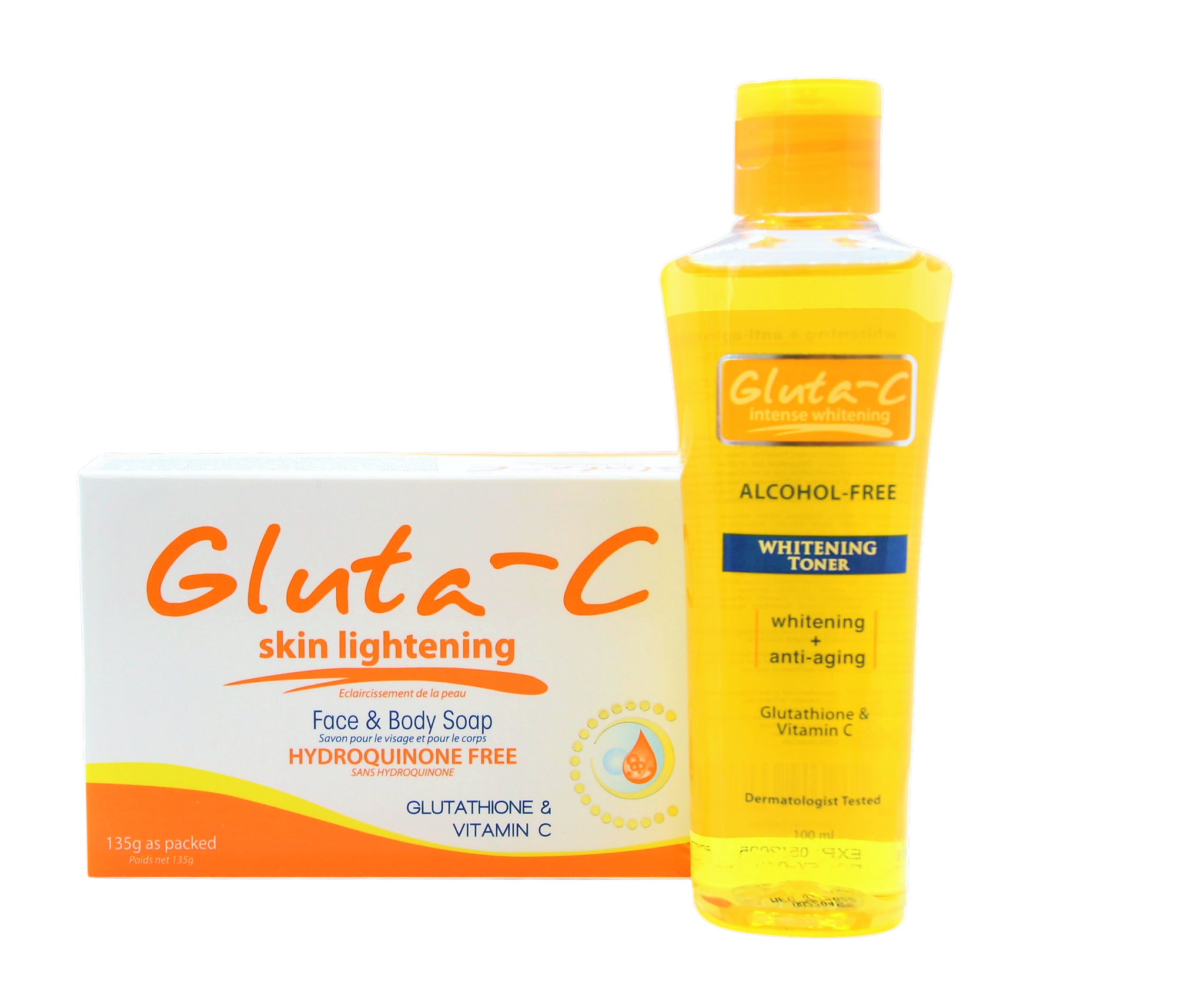 Tonique éclaircissant Gluta C 100 ml + Savon éclaircissant visage et corps Gkuta-C, 135 grammes
