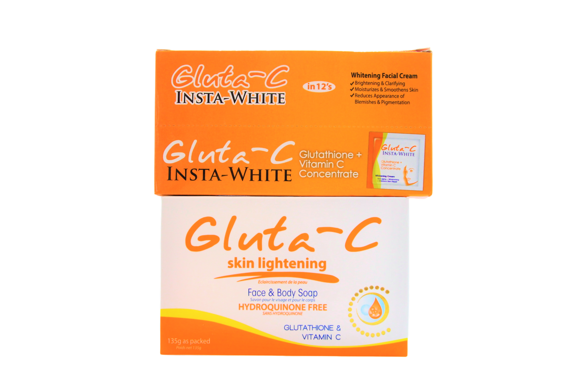 Gluta-C Insta-White Face Cream + Soapream – 12×5 g – Ensemble de soins hydratants et hydratants – Aide à nettoyer, égaliser la teinte d&