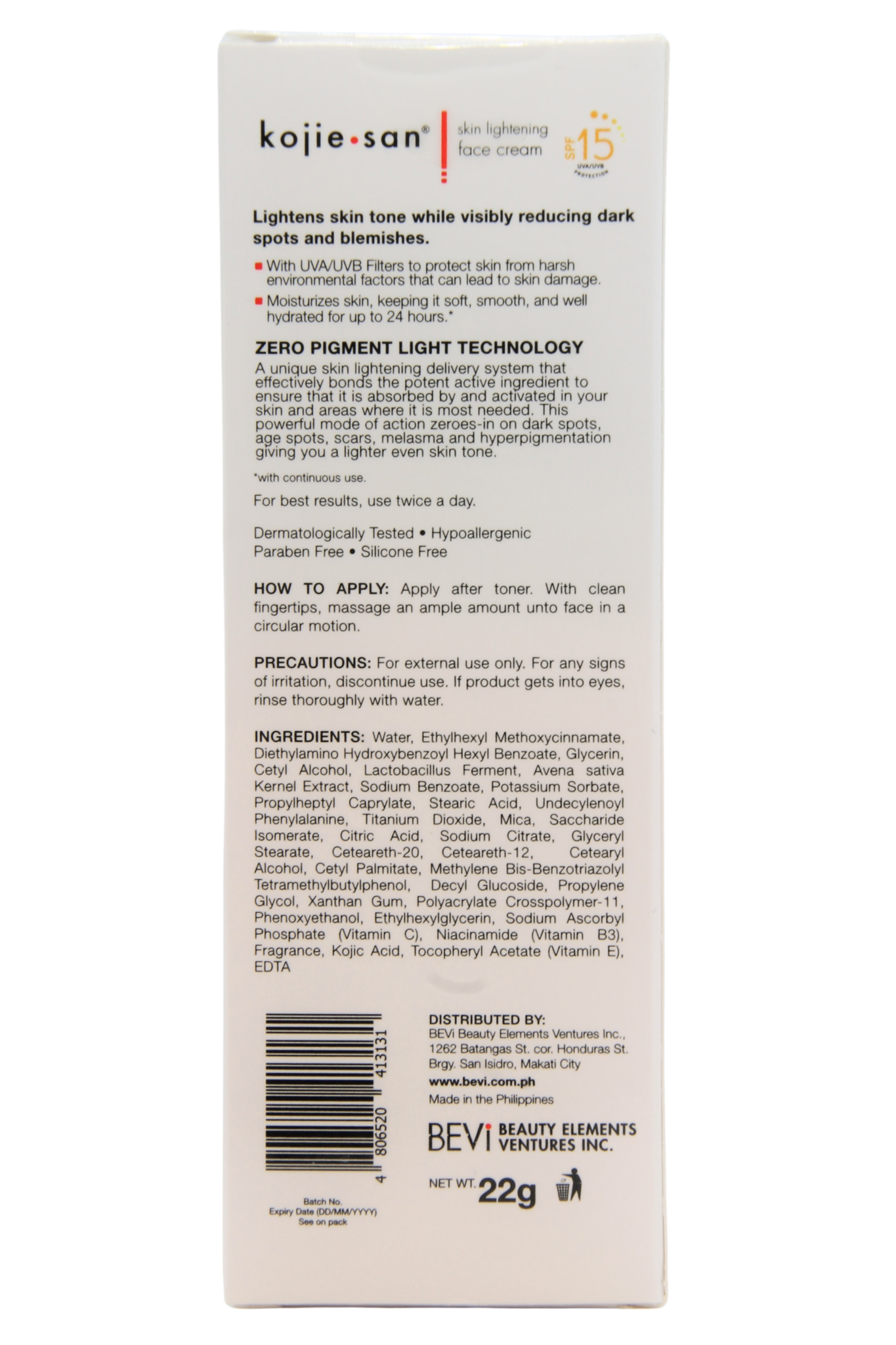 Kojie San crème éclaircissante visage SPF15, 22 gr