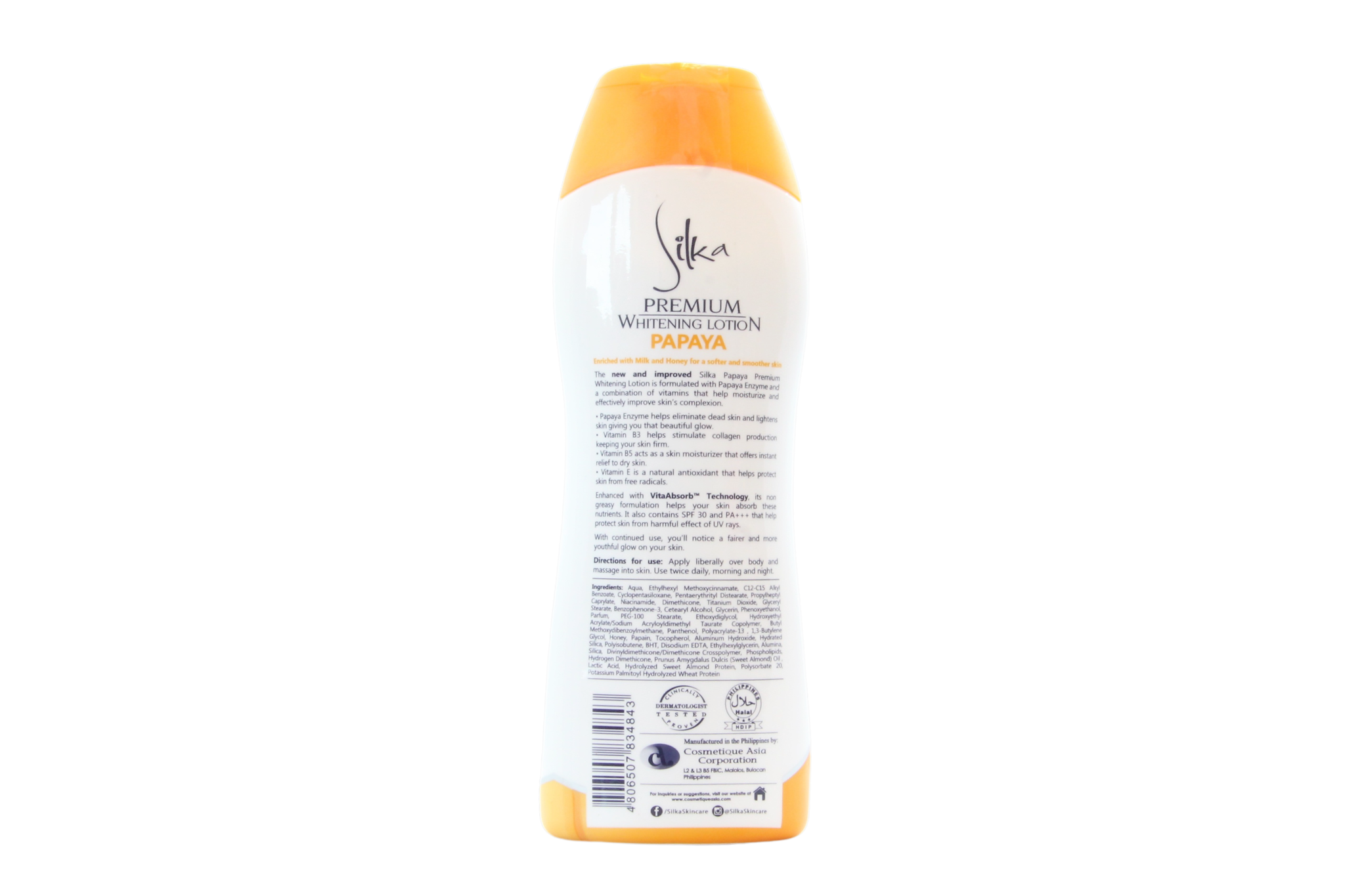 Silka Premium Whitening Body Lotion Papaya with SPF 30 – Verhelderende & Hydraterende Bodylotion – Helpt Donkere Vlekken te Verminderen, Egaliseert de Huidtint & Beschermt tegen UV – Voor een Gladde, Stralende & Gezonde Huid
