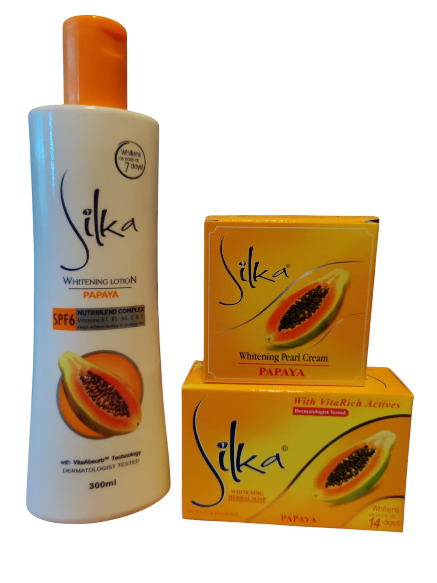 Lotion blanchissante Silka et savon blanchissant aux herbes Silka (crème blanchissante Silka Pearl offerte)