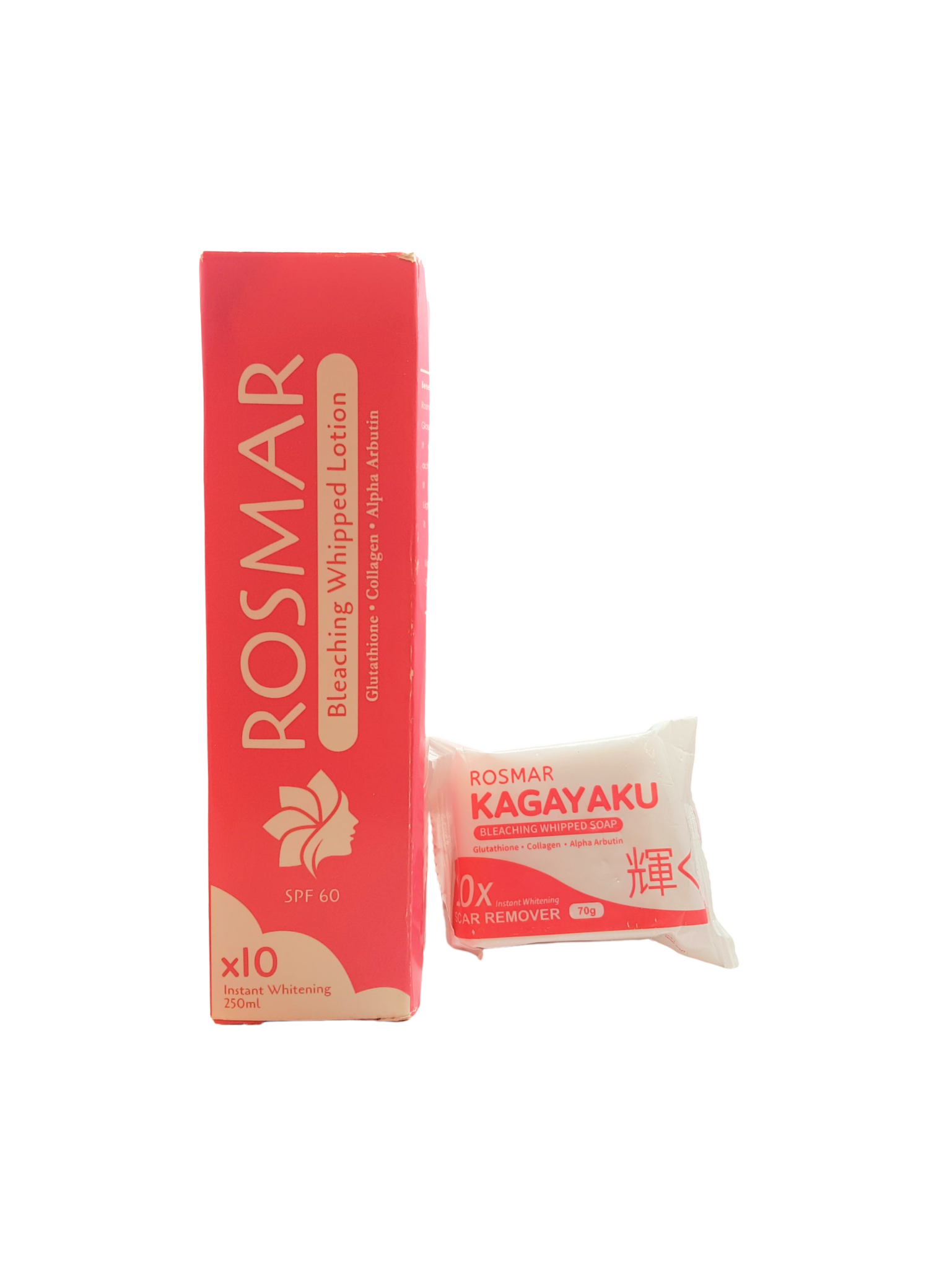 Lotion blanchissante Rosmar Spf 60, associée au savon blanchissant Rosmar Kagayaku.