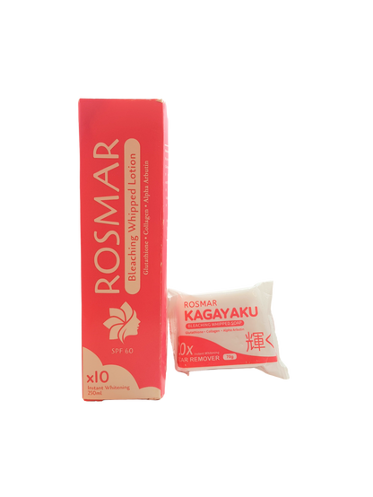 Lotion blanchissante Rosmar Spf 60, associée au savon blanchissant Rosmar Kagayaku.