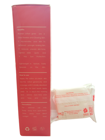 Lotion blanchissante Rosmar Spf 60, associée au savon blanchissant Rosmar Kagayaku.