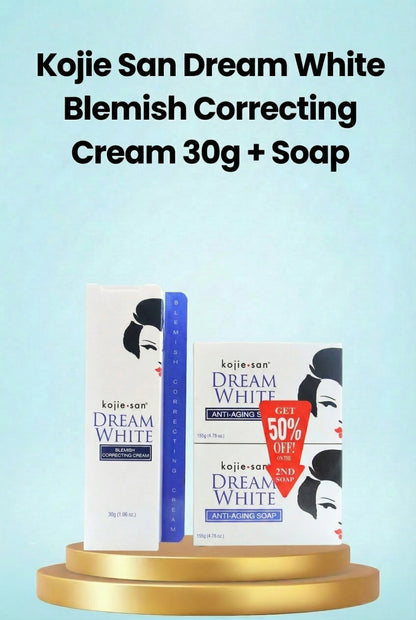 Kojie San Dream White Blemish Correcting Cream – 30 g + Savon – Ensemble Verhelderende &amp;amp; Hydraterende – Vermindert Donkere Vlekken, Egaliseert de Huidtint &amp;amp; Hydrateert Intensief – Voor een Gladde, Stralende &amp;amp; Gezonde Huid