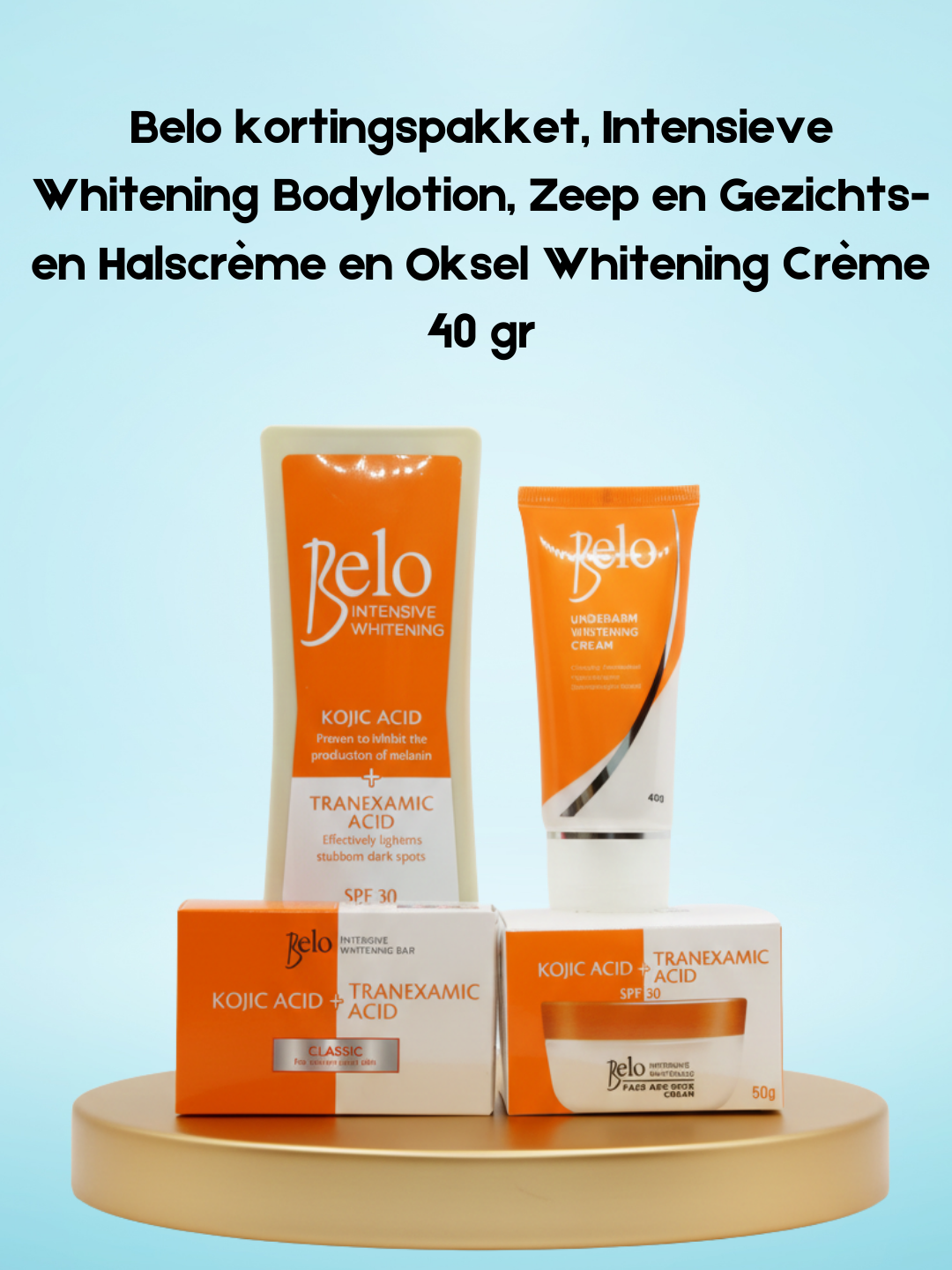 Belo kortingspakket, Lotion corporelle blanchissante intense, Zeep en Gezichts- en Halscrème en Oksel Whitening Crème 40 gr