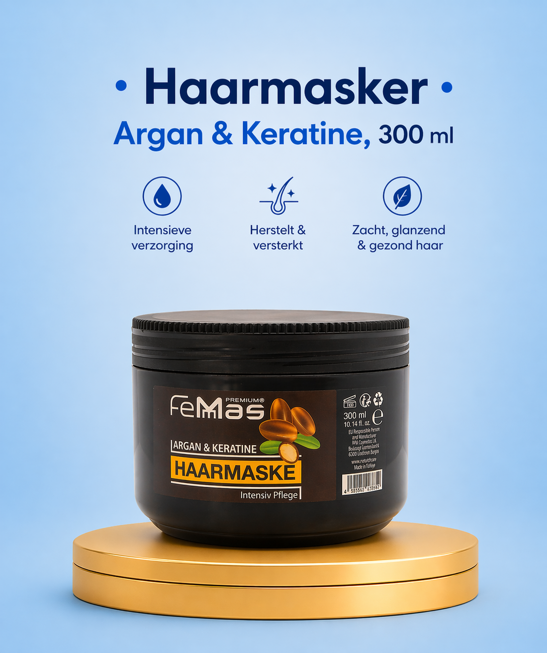 Femmas Argan &amp;amp; Keratine Haarmasker Intensief – 300 ml – Diep Voedend &amp;amp; Herstellend Haarmasker – Versterkt Haar, Herstelt Beschadigd Haar, Vermindert Pluis &amp;amp; Geeft Zijdezacht, Glanzend &amp;amp; Gezond Uitziend Haar
