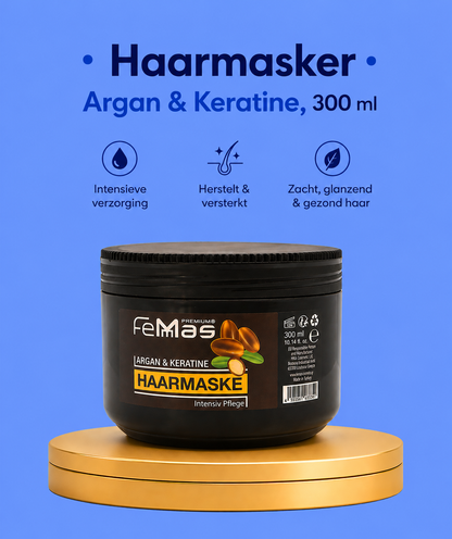 Femmas Argan &amp;amp; Keratine Haarmasker Intensief – 300 ml – Diep Voedend &amp;amp; Herstellend Haarmasker – Versterkt Haar, Herstelt Beschadigd Haar, Vermindert Pluis &amp;amp; Geeft Zijdezacht, Glanzend &amp;amp; Gezond Uitziend Haar