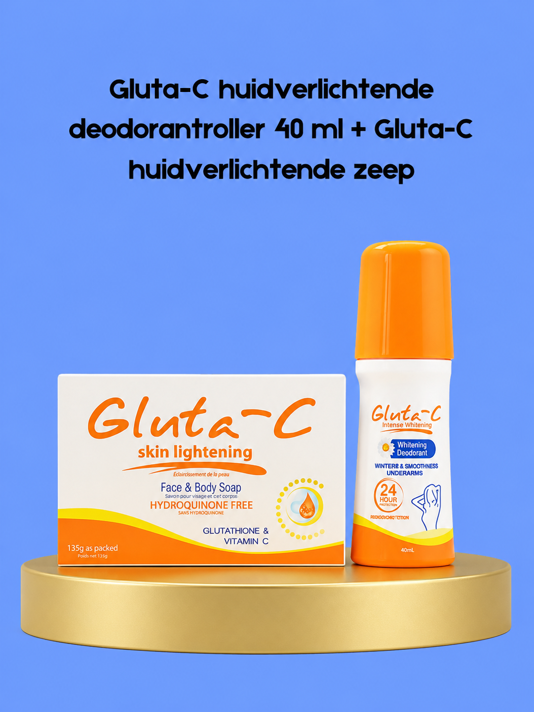 Gluta-C Skin Lightening Deodorant Roller 40 ml + Gluta-C Skin Whitening Soap – Ensemble complet et complet – Helpt Donkere Vlekken te Verminderen, Egaliseert de Huidtint &amp;amp; Geeft Langdurige Frisheid – Voor Zachte, Stralende &amp;amp; Gezonde Huid