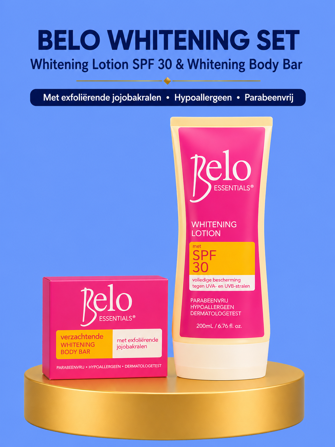 Belo Essentials Lotion pour le corps blanchissant SPF 30 – 200 ml + savon – Ensemble de soins corporels hydratants et hydratants – Beschermt tegen UV, Vermindert Donkere Vlekken &amp;amp; Egaliseert de Huidtint – Voor een Gladde, Stralende &amp;amp; Gezonde Huid