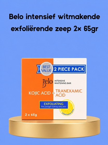 Belo Intensive Whitening Exfoliating Soap – 2×65 g – Verhelderende &amp; Exfoliërende Zeep – Verwijdert Dode Huidcellen, Vermindert Donkere Vlekken &amp; Egaliseert de Huidtint – Voor een Gladde, Stralende &amp; Gezonde Huid
