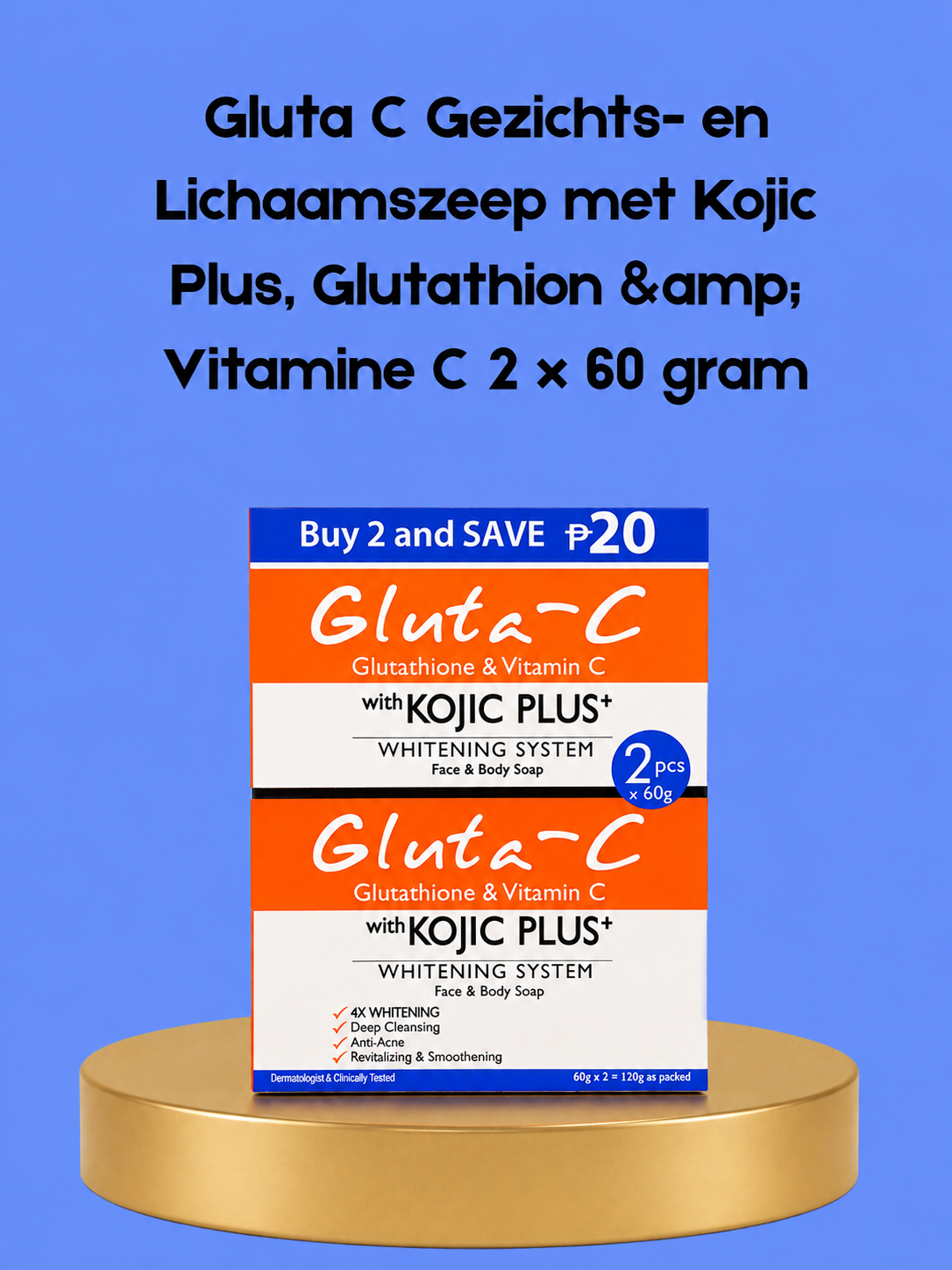Gluta-C Savon Visage & Corps au Kojic Plus, Glutathion & Vitamine C – 2×60 g – Verhelderende & Hydraterende Zeep – Vermindert Donkere Vlekken,