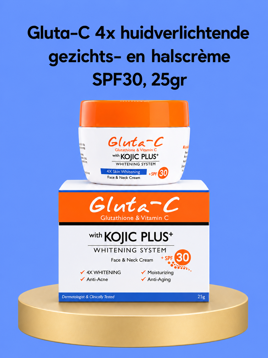 Gluta-C 4× Skin Lightening Face &amp;amp; Neck Cream SPF 30 – 25 g – Verhelderende &amp;amp; Beschermende Gezichts- en Nekcrème – Verminderde Donkere Vlekken, Egaliseert de Huidtint &amp;amp; Beschermt tegen UV-stralen – Voor een Gladde, Stralende &amp;amp; Gezonde Teint