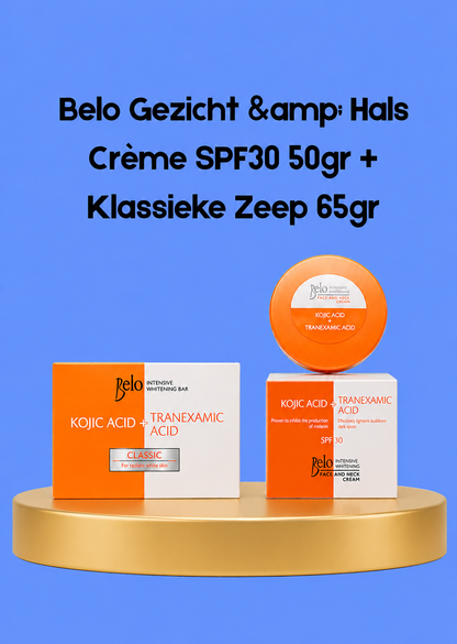 Belo Crème Visage &amp;amp; Cou SPF 30 – 50 g + Savon Classique 65 g – Ensemble Verhelderende &amp;amp; Beschermende – Vermindert Donkere Vlekken, Egaliseert de Huidtint &amp;amp; Beschermt tegen UV-stralen – Voor een Gladde, Stralende &amp;amp; Gezonde Huid