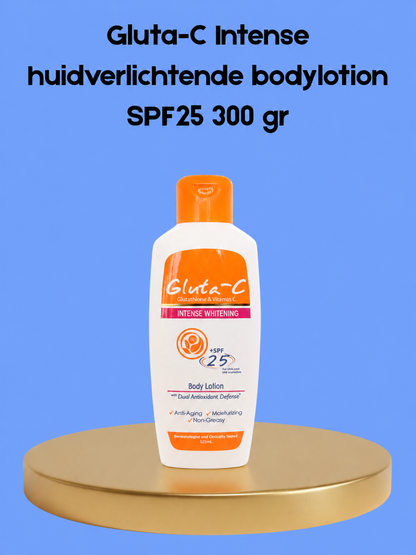 Gluta-C Lotion corporelle éclaircissante intense pour la peau SPF 25 – 300 g – Lotion pour le corps vérifiée et contrôlée – Vermindert Donkere Vlekken, Egaliseert de Huidtint &amp;amp; Beschermt tegen UV-stralen – Voor een Gladde, Stralende &amp;amp; Gezonde Huid