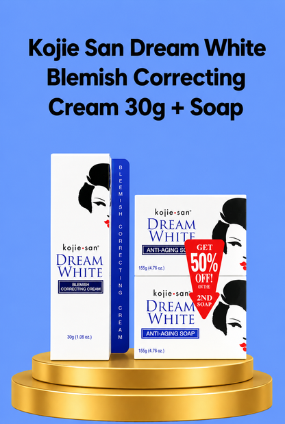 Kojie San Dream White Blemish Correcting Cream – 30 g + Savon – Ensemble Verhelderende &amp;amp; Hydraterende – Vermindert Donkere Vlekken, Egaliseert de Huidtint &amp;amp; Hydrateert Intensief – Voor een Gladde, Stralende &amp;amp; Gezonde Huid