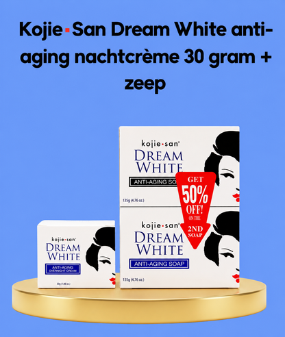 Kojie San Dream White Anti-Aging Nachtcrème – 30 g + Zeep – Verhelderende &amp;amp; Hydraterende Nachtverzorgingsset – Verminderde Donkere Vlekken, Egaliseert de Huidtint &amp;amp; Ondersteunt Huidverjonging – Voor een Gladde, Stralende &amp;amp; Gezonde Teint