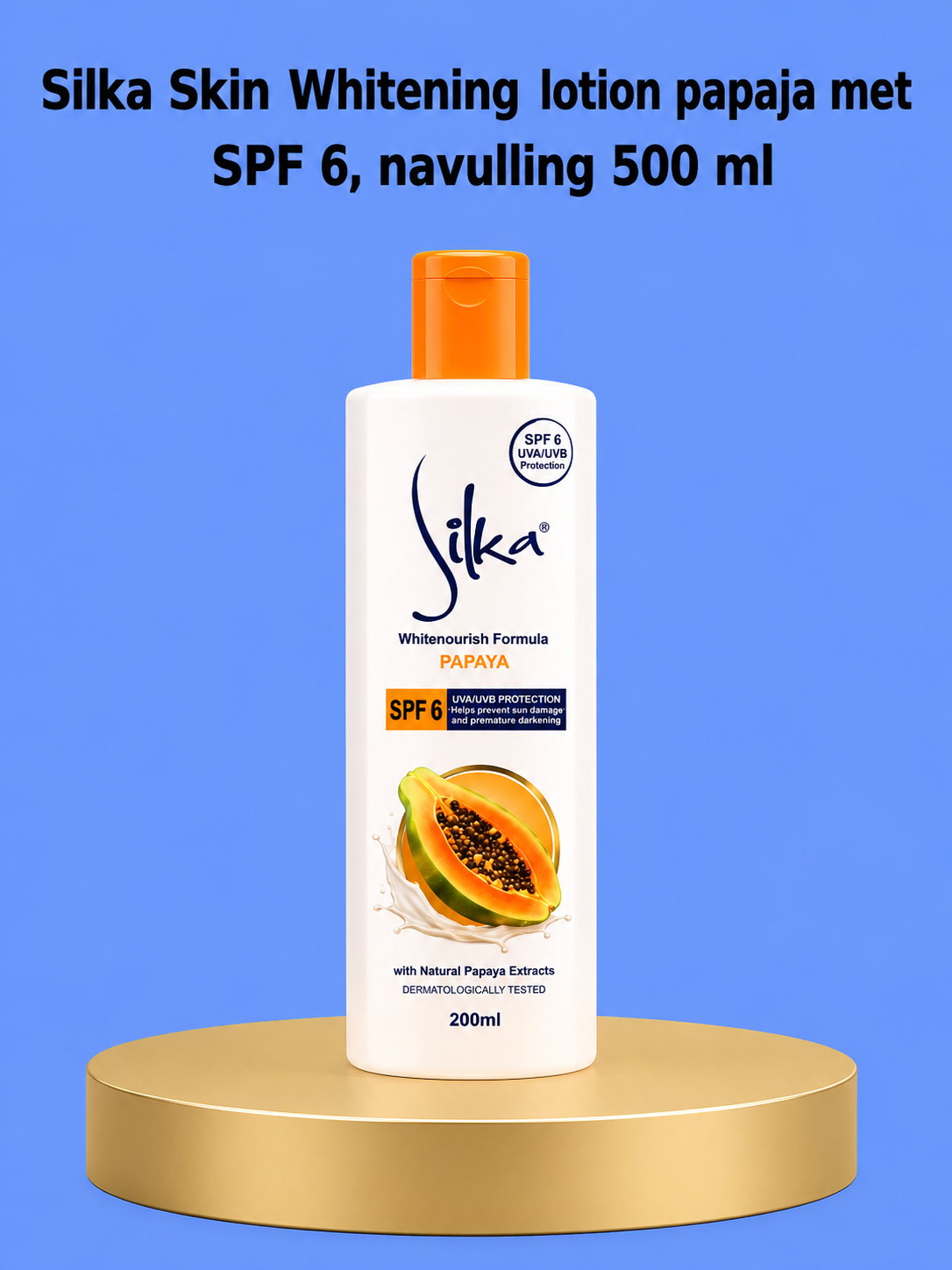 Silka Lotion éclaircissante pour la peau Papaya SPF 6 – Recharge 500 ml – Lotion corporelle hydratante et hydratante – Vermindert Donkere Vlekken, Egaliseert de Huidtint &amp;amp; Biedt Zachte Bescherming – Voor een Gladde, Stralende &amp;amp; Gezonde Huid
