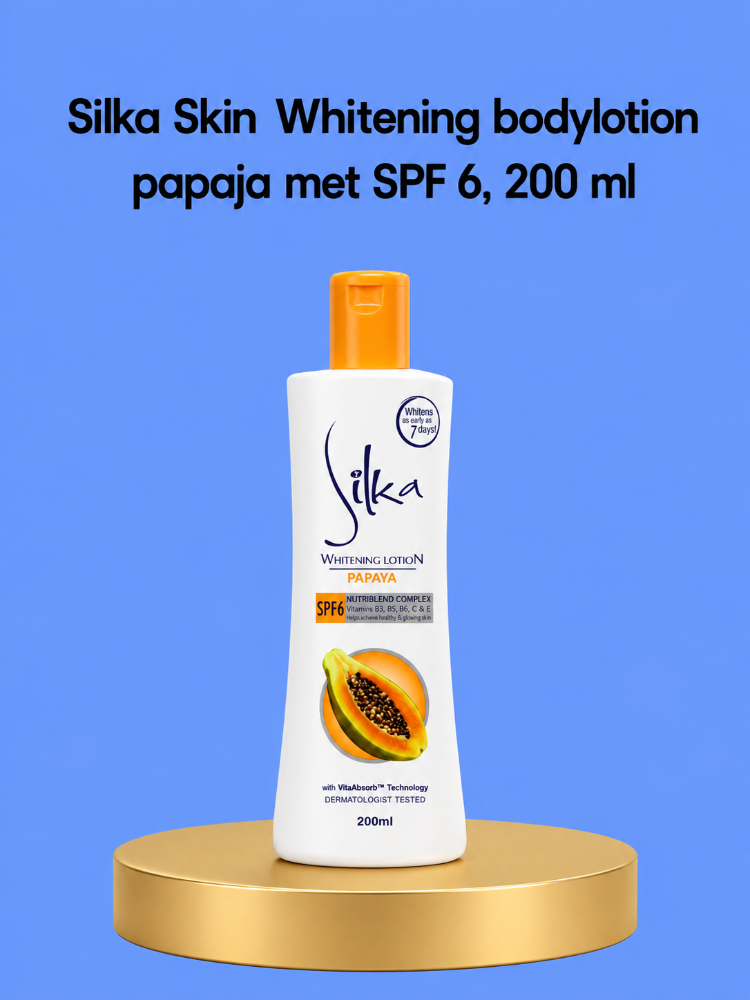Silka Skin Whitening Body Lotion Papaya SPF 6 – 200 ml – Lotion corporelle hydratante et hydratante – Vermindert Donkere Vlekken, Egaliseert de Huidtint &amp;amp; Biedt Zachte Bescherming – Voor een Gladde, Stralende &amp;amp; Gezonde Huid
