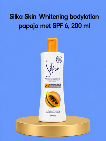 Silka Skin Whitening Body Lotion Papaya SPF 6 – 200 ml – Lotion corporelle hydratante et hydratante – Vermindert Donkere Vlekken, Egaliseert de Huidtint &amp;amp; Biedt Zachte Bescherming – Voor een Gladde, Stralende &amp;amp; Gezonde Huid