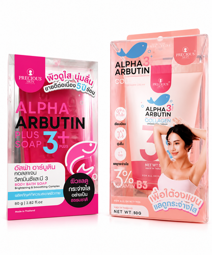 Precious Skin Thailand Voordeelset – Alpha Arbutin 3+ Crème pour les aisselles 50 g + Alpha Arbutin 3+ Zeep – Verhelderend &amp;amp; Verzorgend, vermindert donkere vlekken, égaliseert de huidtint et hydrateert – Pour une stralende, zachte en gezonde huid