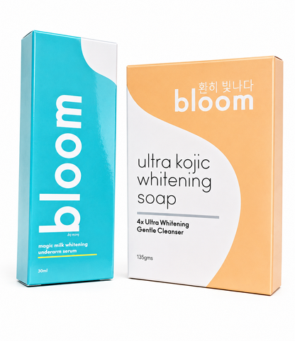 Bloom Advantage Package – Ultra Kojic Whitening Soap + Magic Milk Underarm Serum – Verhelderende &amp; Verzorgende Huidverzorging – Helpt Donkere Vlekken te Verminderen, Egaliseert de Huidtint &amp; Hydrateert – Voor een Stralende, Zachte &amp; Gezonde Huid