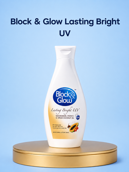 Block &amp; Glow Lasting Bright UV – Lichtgewicht Getinte Zonnecrème – Beschermt tegen UVA &amp; UVB, Helpt de Huidtint te Egaliseren &amp; Geeft een Stralende Finish – Hydrateert, Verfrist &amp; Zorgt voor een Gezonde, Beschermde Huid 200 ml