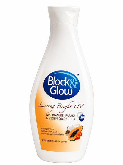 Block &amp; Glow Lasting Bright UV – Lichtgewicht Getinte Zonnecrème – Beschermt tegen UVA &amp; UVB, Helpt de Huidtint te Egaliseren &amp; Geeft een Stralende Finish – Hydrateert, Verfrist &amp; Zorgt voor een Gezonde, Beschermde Huid 200 ml