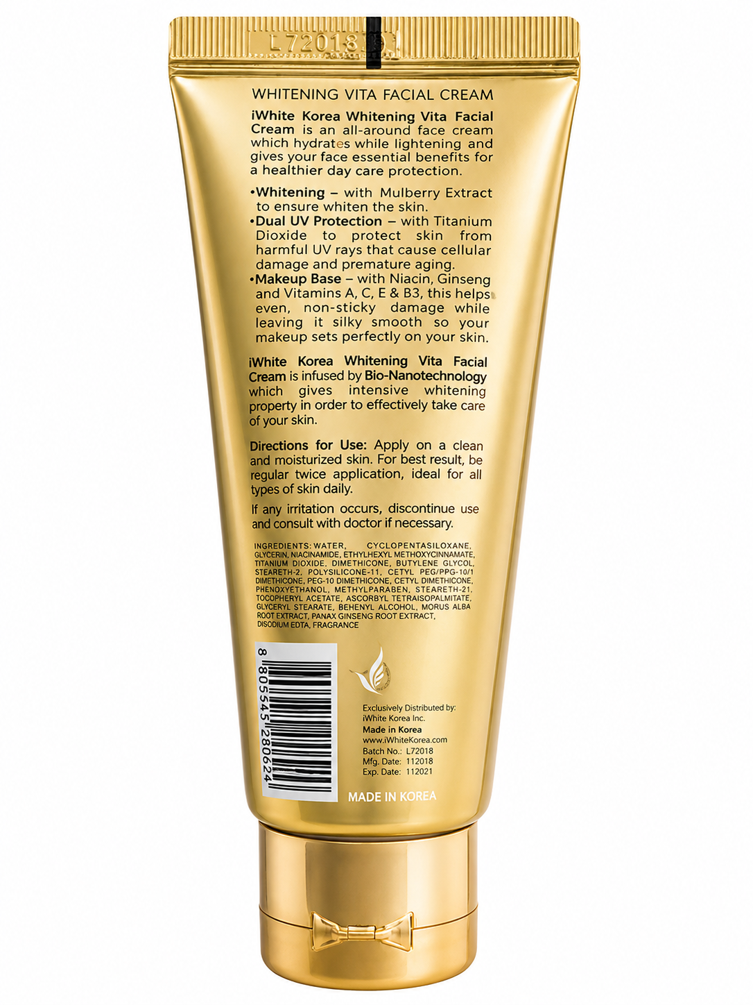 White Korea Facial Cream 3-in-1 Whitening Vita – 65 ml – Verhelderende &amp;amp; Voedende Gezichtscrème – Hydrateert, Egaliseert de Huidtint &amp;amp; Ondersteunt Huidherstel – Voor een Stralende, Gladde &amp;amp; Gezonde Huid