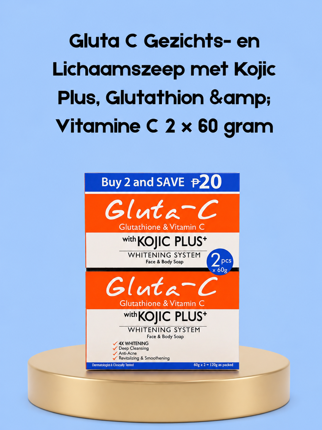 Gluta-C Face &amp;amp; Body Soap with Kojic Plus, Glutathion &amp;amp; Vitamin C – 2×60 g – Verhelderende &amp;amp; Hydraterende Zeep – Verminderde Donkere Vlekken, Egaliseert de Huidtint &amp;amp; Hydrateert Intensief – Voor een Gladde, Stralende &amp;amp; Gezonde Huid