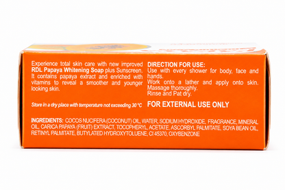 RDL Papaye Savon Blanchissant avec Crème Solaire – 135 g – Verhelderende &amp;amp; Beschermende Zeep – Hydrateert, Vermindert Donkere Vlekken, Egaliseert de Huidtint &amp;amp; Beschermt tegen UV – Voor een Gladde, Stralende &amp;amp; Gezonde Huid