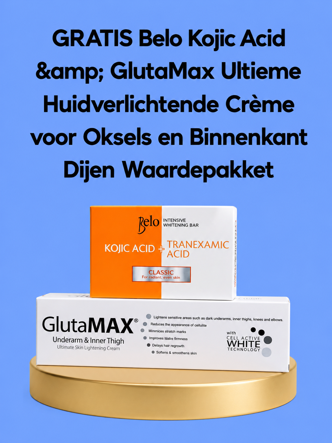 GRATIS Belo Kojic Acid &amp;amp; GlutaMax Ultieme Huidverlichtende Crème voor Oksels en Binnenkant Dijen Waardepakket