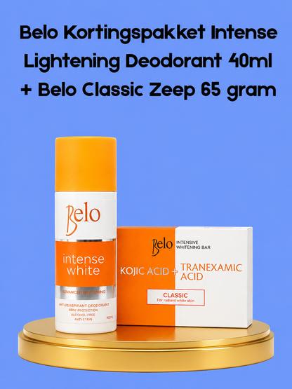 Belo Voordeelpakket – Intense Lightening Deodorant 40 ml + Klassieke Zeep 65 g – Verhelderende &amp;amp; Hydraterende Set – Verminderde Donkere Vlekken, Egaliseert de Huidtint &amp;amp; Houdt de Huid Fris, Zacht &amp;amp; Stralend